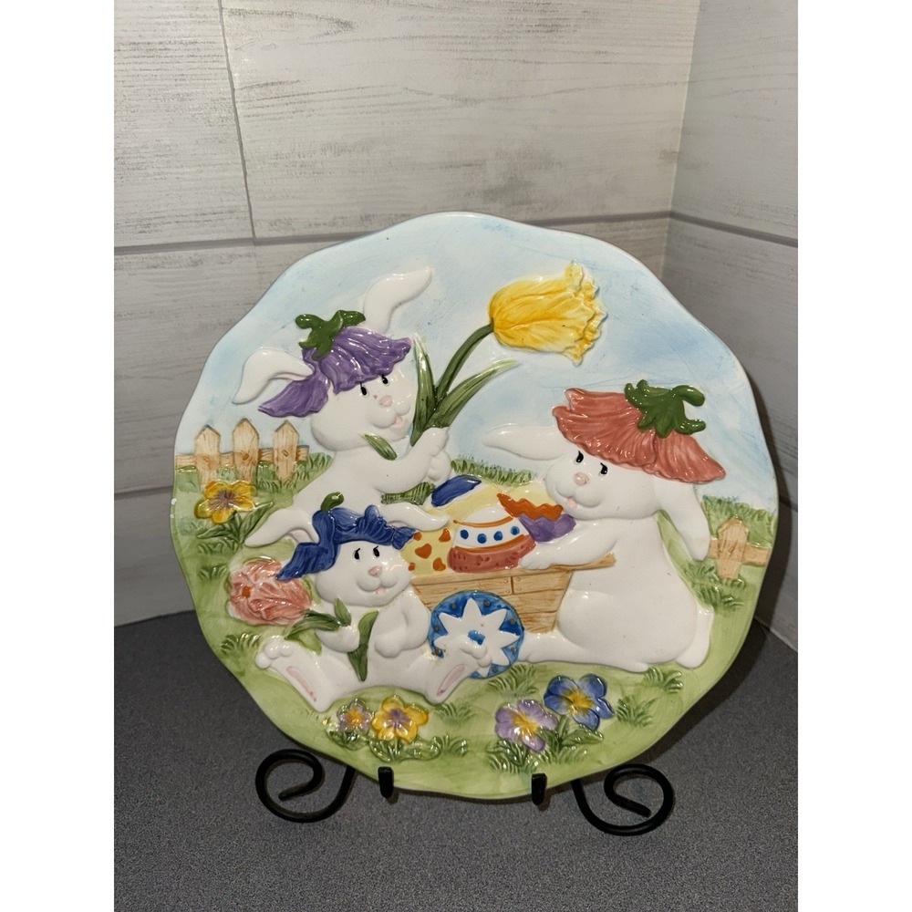EASTER 3D Decorative‎ Serving Plate Peter Cotton Tail Bunny Mr Mrs Wagon 11"